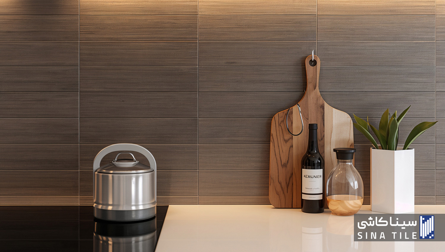 بلاط خلفية خزائن المطبخ بنقشة خشبية